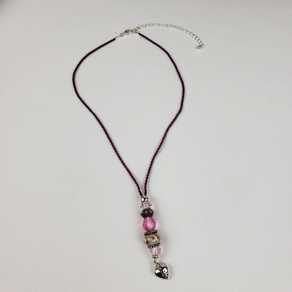 SAQ Handmade Glass Bead Heart Necklace Satin Cord Lanyard Valentine's Day - Picture 3 of 10